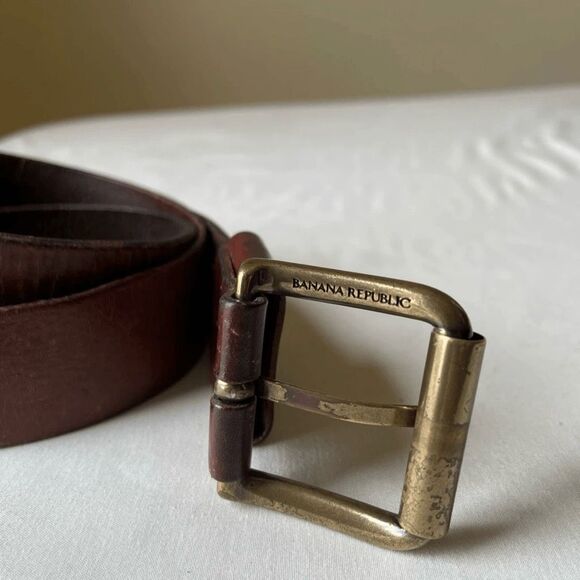 Vintage 90sโ Brown Leather Belt with Heavy Brass Roller Buckle Worn In Casual 34 - Picture 7 of 9